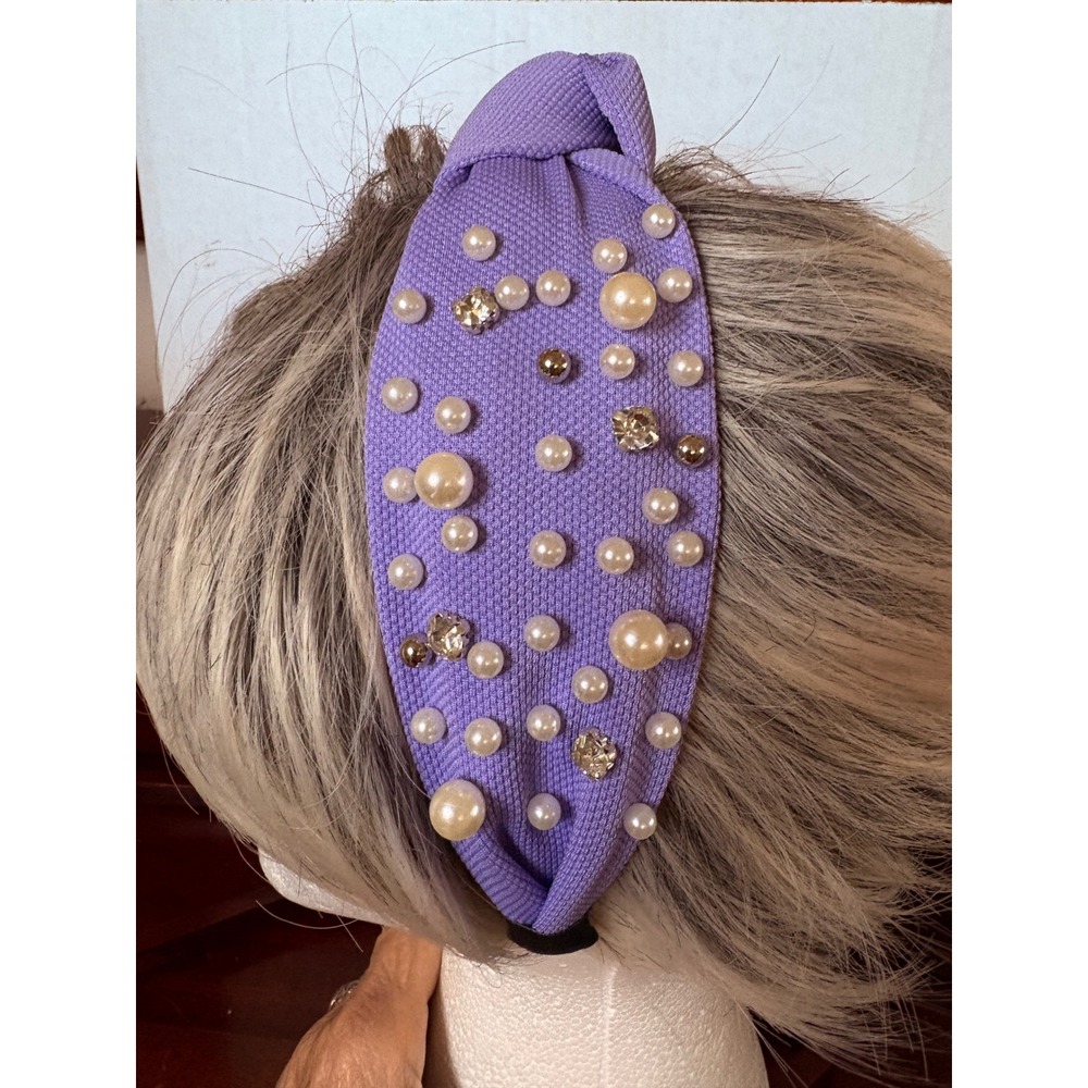 Purple Faux Pearl and Rhinestone Top Knot Headband Lilac Textured Hair Accessory - Picture 2 of 3
